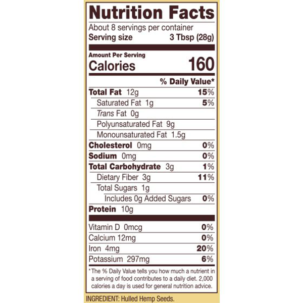 Bob's Red Mill Hulled Hemp Seed Hearts 227g back label, nutrition facts