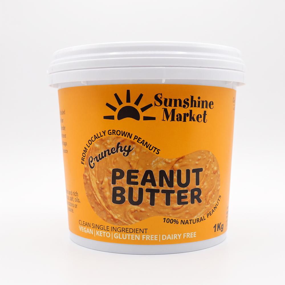 Sunshine Market crunchy peanut butter 1kg tub, 100% natural with real roasted peanut pieces