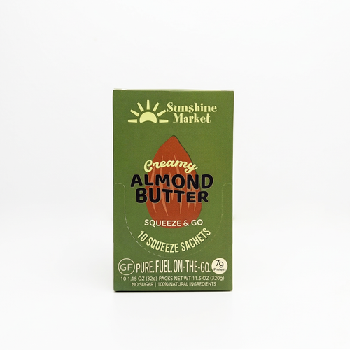 Sunshine Market Creamy Almond Butter Squeeze & Go packaging box in olive green, 100% natural almond butter