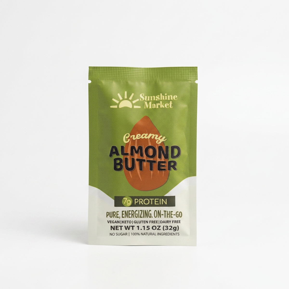 A single stand-up pouch of Sunshine Market Creamy Almond Butter protein powder, featuring a green and white design with an almond graphic, on a clean white background.
