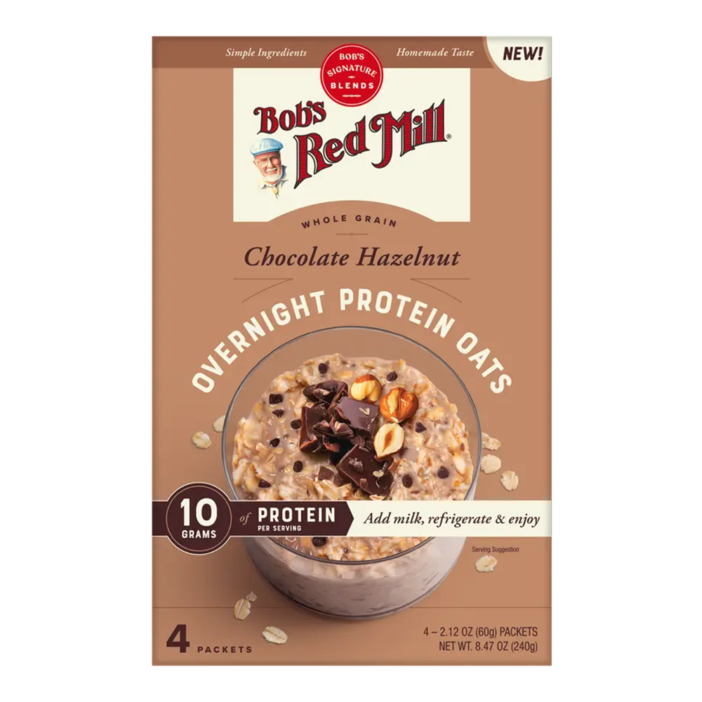 Bob's Red Mill Overnight Protein Oats in Chocolate Hazelnut flavor, 4-pack box. gluten free, 10 grams of protein