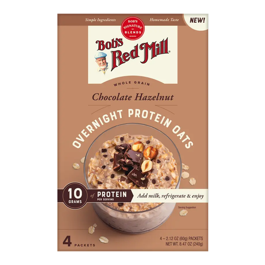 Bob's Red Mill Overnight Protein Oats in Chocolate Hazelnut flavor, 4-pack box. gluten free, 10 grams of protein