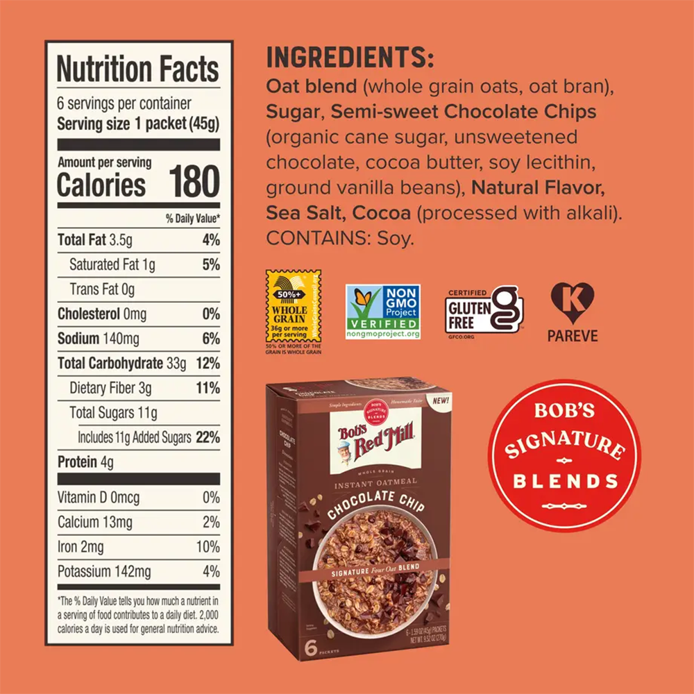 Bob's Red Mill Chocolate Chip Instant Oatmeal (6 Packets)