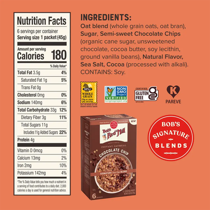 Bob's Red Mill Chocolate Chip Instant Oatmeal (6 Packets)