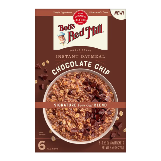 A box of Bob's Red Mill Instant Oatmeal Chocolate Chip, featuring a bowl of prepared oatmeal with chocolate chips on the front, gluten free and Non GMO