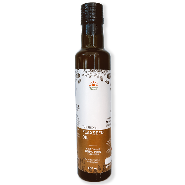 Bottle of Sunshine Market Flaxseed Oil, 250ml size, with a label indicating it is cold pressed and has health benefits.