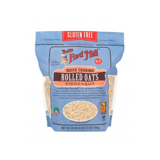 A package of Bob's Red Mill Gluten Free Quick Cooking Rolled Oats, showing the product and brand name, as well as the gluten-free label.