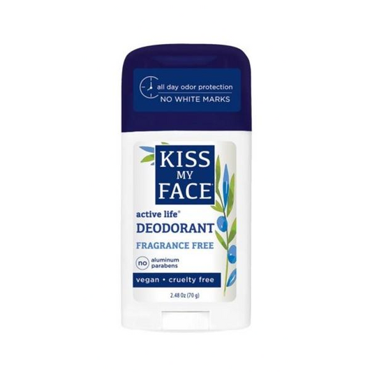 A stick deodorant with blue and green label reading 'Kiss My Face active life deodorant, fragrance free', indicating that it's vegan and cruelty-free.