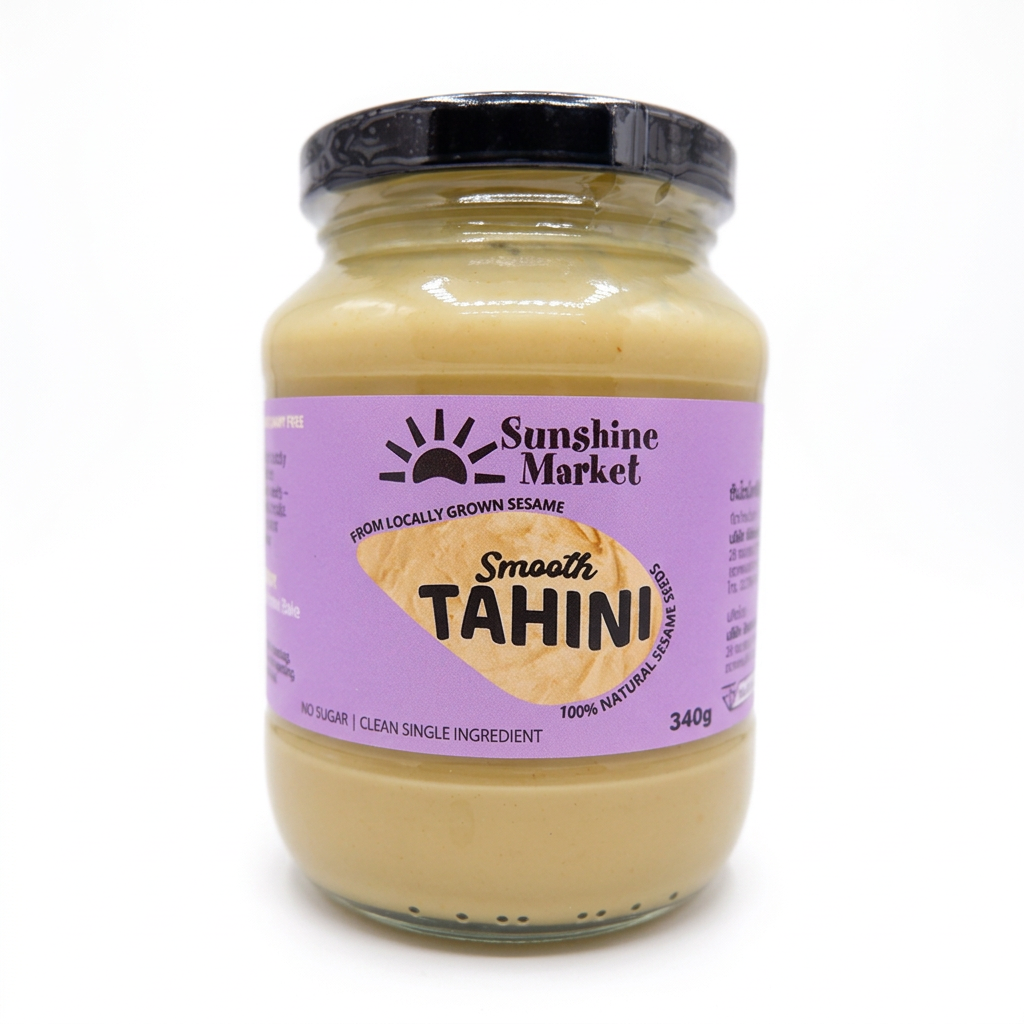 100% white sesame tahini, freshly roasted and stone-ground in Bangkok. No added oils, sugar, preservatives, or artificial ingredients.