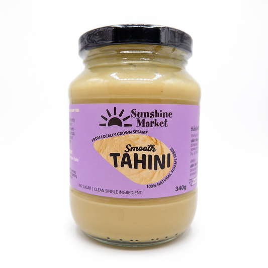 100% white sesame tahini, freshly roasted and stone-ground in Bangkok. No added oils, sugar, preservatives, or artificial ingredients.