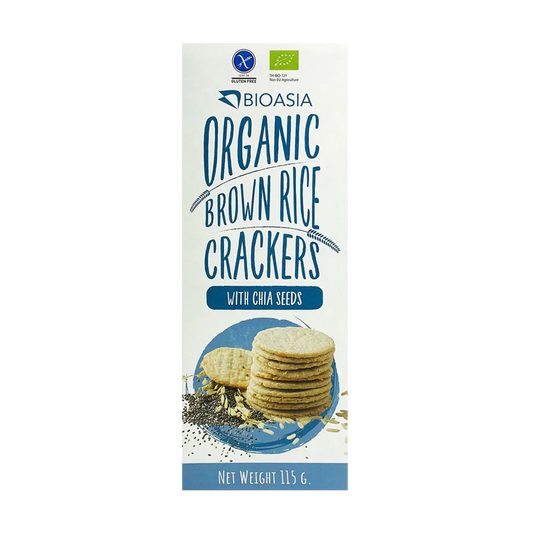 Bioasia Organic Brown Rice Crackers with Chia Seeds packaging, featuring a white box with blue text and a photo of round crackers on a blue plate.