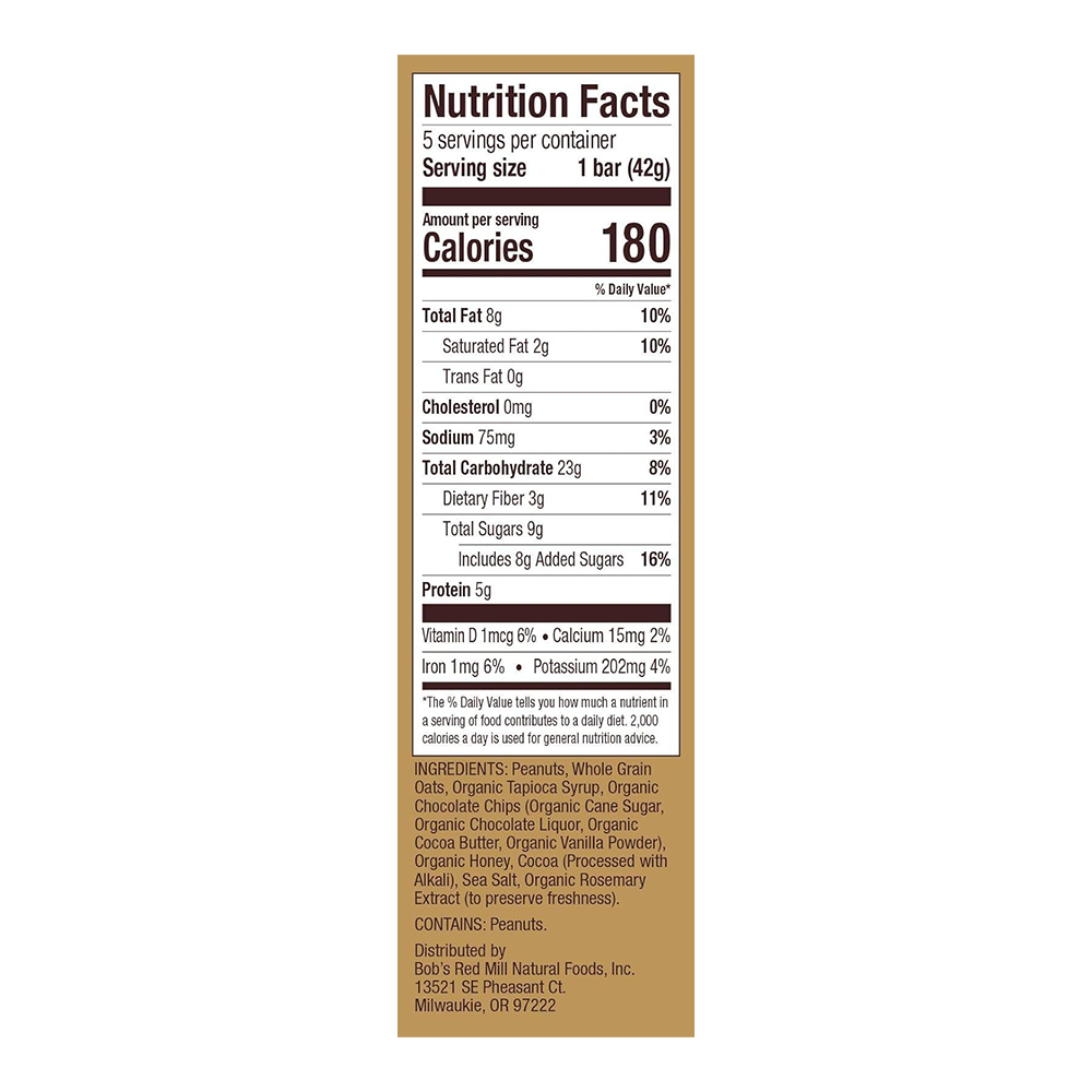 Bob's Red Mill Gluten Free Peanut Butter Chocolate and Oats Bar (5 bars - 42g)
