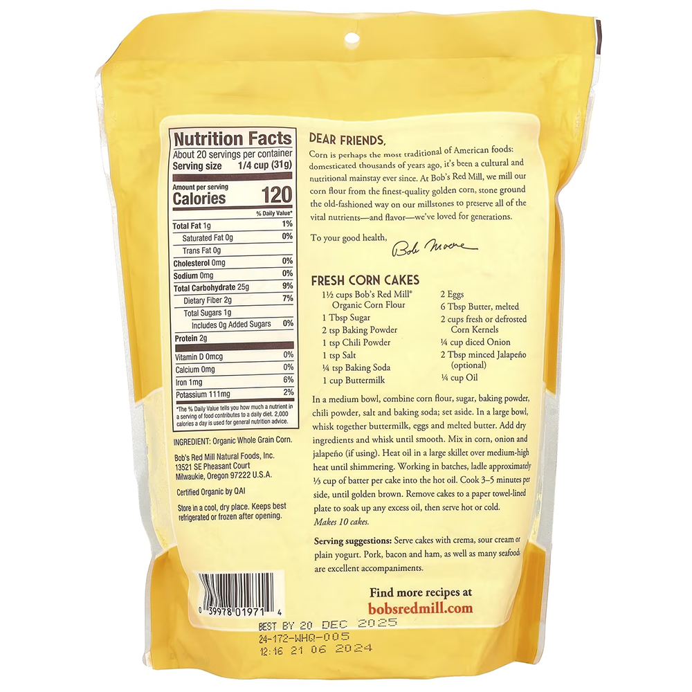 Bob's Red Mill Organic Whole Grain Corn Flour (624g)