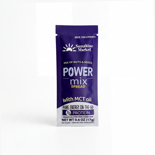 A single packet of Sunshine Market Power Mix Spread with MCT oil, 7 g of nut butter protein 100% natural