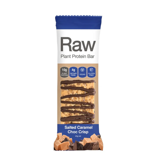 A single packaged Raw Plant Protein Bar, Salted Caramel Choc Crisp, on a plain white background. The packaging is white with a blue top and bottom, featuring a clear window showing the chocolate-dipped protein bar inside, and caramel pieces at the bottom.