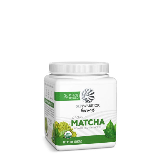 A white plastic jar of Sunwarrior Harvest Organic Matcha Powder Drink Mix with a white screw cap, set against a plain white background.
