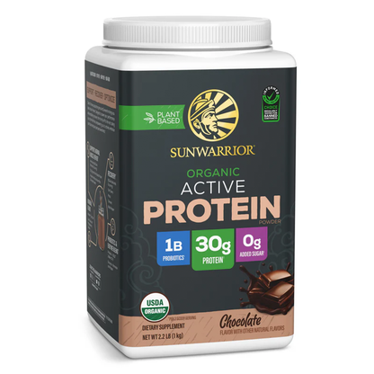 Sunwarrior Organic Active Protein powder tub in Chocolate flavor, featuring a white container with a dark charcoal label and colorful product badges.