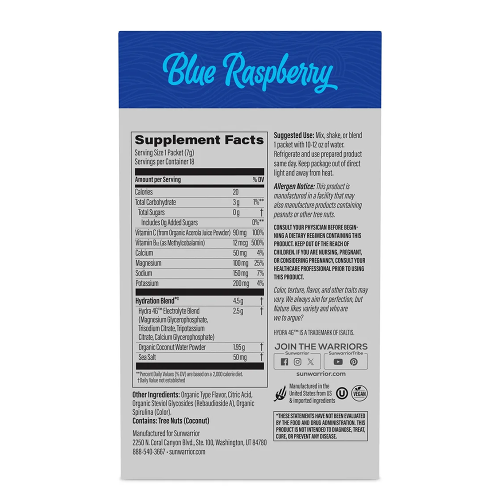 Sunwarrior - Sport Active Hydration - Blue Raspberry - 18 sachets (7 grams) per sachet