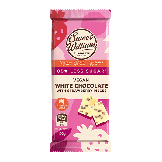 Sweet William Vegan White Chocolate with Strawberry pieces (100g)