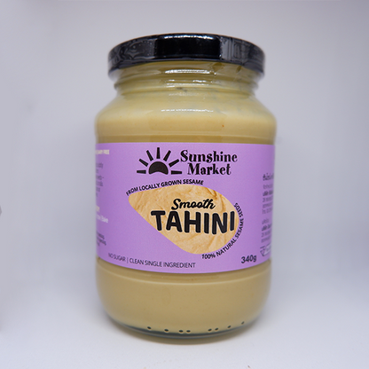 100% white sesame tahini, freshly roasted and stone-ground in Bangkok. No added oils, sugar, preservatives, or artificial ingredients.